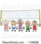 Stick Drawing of Multi Ethnic Children Holding Hands Under a Banner
