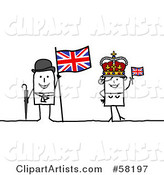 Stick People Character Couple Touring the United Kingdom, with a Flag and Crown