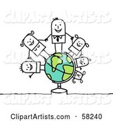 Stick People Character Family Holding Hands on a Globe