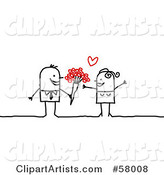 Stick People Character Man Giving His Love Flowers