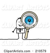 Stick Person Business Man Peering Through a Magnifying Glass