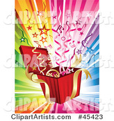 Streamers, Stars and Music Notes Bursting from a Present on a Rainbow Background