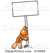 Strong Orange Man Pushing a Blank Sign Upright