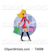Stylish Blond Woman in Boots and a Red Dress, Carrying Shopping Bags in a City