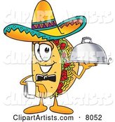 Taco Mascot Cartoon Character Dressed As a Waiter and Holding a Serving Platter