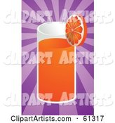 Tall Glass of Orange Juice Garnished with a Slice on a Purple Bursting Background