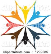 Team Circle of Colorful Cheering People Holding Hands and Forming a Flower or Snowflake