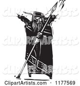 The Norse God Odin with Crows and a Spear Black and White Woodcut