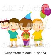 Three Birthday Party Guest Boys with a Cake, Present and Balloons