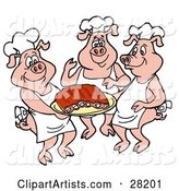 Three Chef Pigs in Hats and Aprons, Carrying a Platter of Pork Ribs
