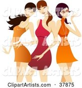 Three Flirty Pretty Ladies in Red and Orange Dresses