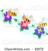 Three Happy Bees Collecting Pollen from Purple and Pink Flowers