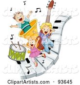 Three Happy Kids on Piano Keys with Music Notes and Instruments