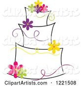 Three Tiered Cake with Colorful Flowers and Ribbons
