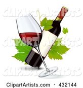 Tilted Glass of Red Wine with a Wine Bottle and Grape Leaves