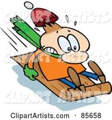 Toon Guy Holding on Tight to a Toboggan While Sledding Downhill
