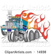 Tough Big Rig Hot Rod Truck Flaming and Smoking Its Rear Tires Doing a Burnout in Flames and a Wheelie Clipart Illustration