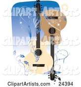Two Acoustic Guitars Facing Different Directions over a Blue Background with Bursts, Vines and Scrolls