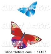 Two Colorful Butterflies, One Blue One Red with Patterns, Fluttering over a White Background