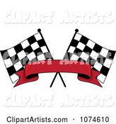 Two Crossed Checkered Racing Flags and a Red Banner