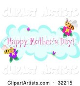 Two Happy Bees on Flowers Around a Cloud, with Hearts and Happy Mother's Day Text
