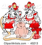 Two Hungry Fire House Dalmatian Dogs Pouring Bbq Sauce on a Pig