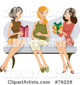 Two Ladies Sitting on a Couch with Their Pregnant Friend, Giving Her Presents at Her Baby Shower