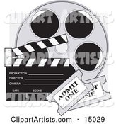 Two Movie Tickets in Front of a Take Clapperboard and a Reel of Movie Film