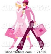 Two Stylish Ladies in Pink, Walking and Carrying Shopping Bags