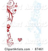 Valentines Day Background with Red and Blue Floral Vines and a Heart on White