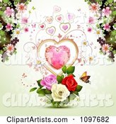 Valentines Day or Wedding Background with a Dewy Heart Roses Blossoms and Butterfly