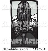 Viking Thor and Mjolnir Weapon Woodcut