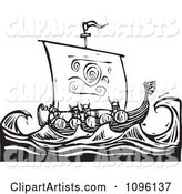Viking Warriors and a Dragon Ship at Sea Black and White Woodcut