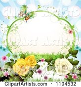 Vine Frame with Roses Vines Blossoms and Butterflies on Blue with Rays