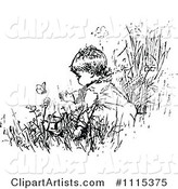 Vintage Black and White Baby in a Garden with Butterflies