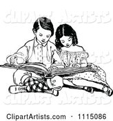 Vintage Black and White Brother and Sister Reading a Book