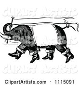 Vintage Black and White Circus Elephant Carrying a Banner Flag
