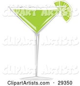 Wedge of Lime with Salt on the Rim of a Margarita Glass Filled with Green Alcohol
