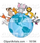 White Rabbit, Fox, Brown Dog, Orange Cat, Elephant with a Mouse on Its Trunk, Lion Talking to a Sheep, and Skunk Playing with Butterflies Standing on the Earth with a Faded Peace Symbol, Standing for Peace on Earth