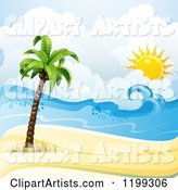 White Sand Tropical Beach with a Palm Tree and Sun over the Surf