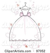 White Wedding Dress with Pink Accents on a Hanger, with Floating Hearts