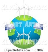 Wind Farm Turbines and Solar Panels Generating Energy on Planet Earth, on a White Background