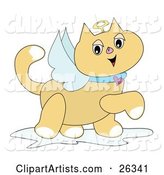 Winged Angel Cat with a Golden Halo and Heart Collar, Prancing by