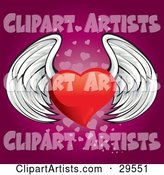 Winged Red Heart Flying over a Gradient Pink Background of Faded Small Hearts