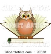 Wise Owl Perched on Top of a Book with Pages Behind Him