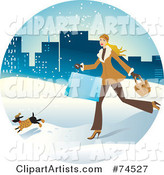 Woman and Dog Running Through the Snow with Shopping Bags