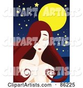 Woman with Long Brunette Hair, Standing Lonely Under a Full Moon