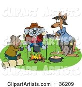 Wombat, Koala and Kangaroo Drinking Coffee and Keeping Warm by a Campfire