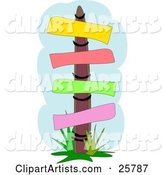 Wooden Sign Post with Yellow, Red, Green and Pink Blank Posts