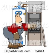 Worker Man Bending over and Repairing Wires in an Hvac System